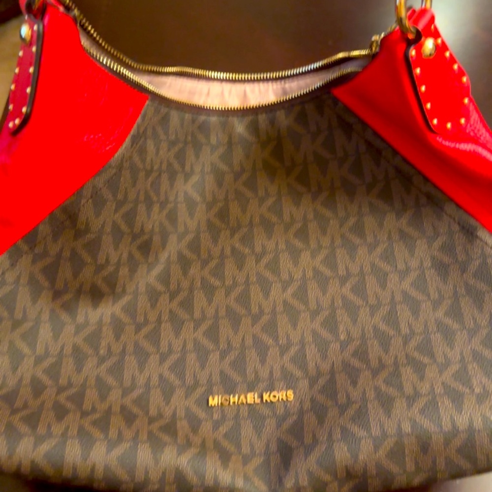 NWOT - Michael Kors Hobo Handbag - Brown with Red Trim and Red Handle